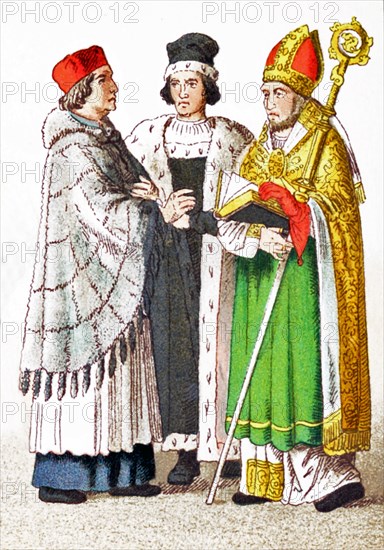 The figures represented here are Germans between A.D. 1450-1500. They are, from left to right: canon, doctor of university, bishop. The ilustration dates to 1882.