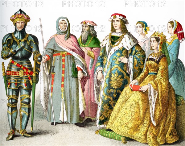 The figures pictured here represent English people between A.D. 1400 and 1450. They are from left to right: knight (1450), member of a court martial, member of court of Henry VI, Henry VI (1445), member of court of Henry VI, Margaret (Henry's consort), member of court of Henry VI. The illustration dates to 1882.