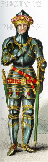 The figure pictured here represents and English knight in 1450 in the court of Henry VI. The illustration dates to 1882.