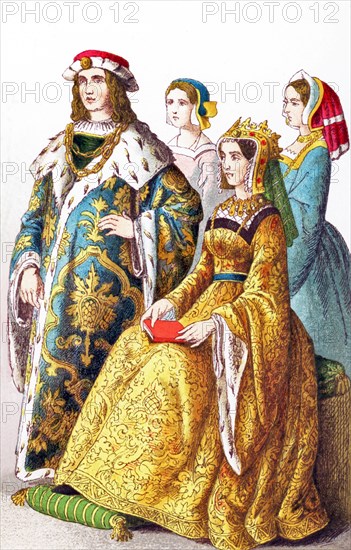 The figures pictured here represent English people between A.D. 1400 and 1450. They are from left to right: Henry VI (1445), member of court of Henry VI, Margaret (Henry's consort), member of court of Henry VI. The illustration dates to 1882.