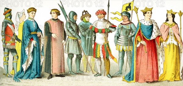 The figures pictured here represent English people between A.D. 1400 and 1450. They are from left to right: knight (1417), lady of rank, Henry V, earl, three soldiers, knight, Henry VI (1445), Margaret (his consort). The illustration dates to 1882.