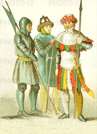 The figures pictured here represent English soldiers between A.D. 1400 and 1450 ast the time of Henrry VI. The illustration dates to 1882.