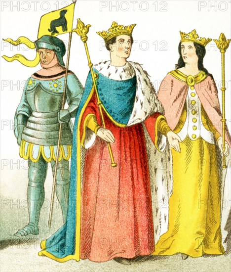 The figures pictured here represent English people between A.D. 1400 and 1450. They are from left to right: a knight, Henry VI (1445), and Margaret (his consort). The illustration dates to 1882.