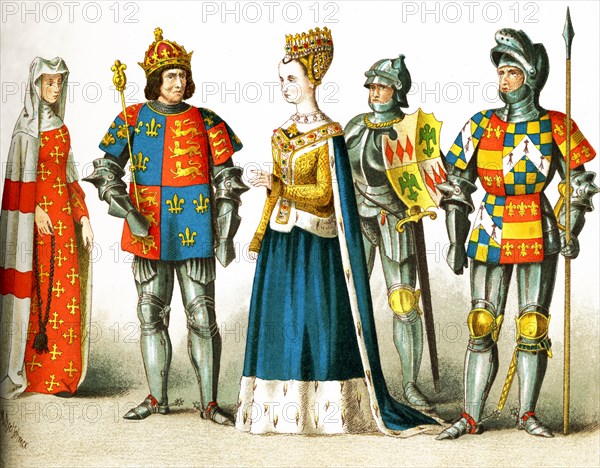 This illustration shows British costume between 1450 and 1500. The figures represent, from left to right: a lady of rank, Richard III, Margaret of Scotland, a knight, the Earl of Warwick. The illustration dates to 1882.