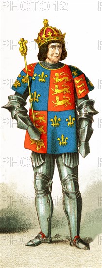 This illustration shows English king Richard III (1483-1485). He was the brother of Edward IV. After gaining control of his nephew, Edward V, he had himself named king. Edward was murdered in the Tower in 1483. Rebellion followed, bringing Earl of Richmond to England in 1485. Richard killed at Bosworth Field. His death, the last Yorkist king, ended the Wars of the Roses. Richard was subject of Shakespeare's Richard III. The illustration dates to 1882.