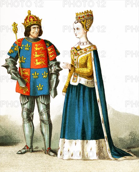 This illustration shows England's King Richard III (1483-1485) who was killed on Bosworth Field, ending Wars of the Roses. Pictured with him is Margaret Tudor of Scotland, daughter of Henry VII of England. In 1503, she married James IV of Scotland and their son became James V of Scotland, father of Mary, Queen of Scots. The illustration dates to 1882.