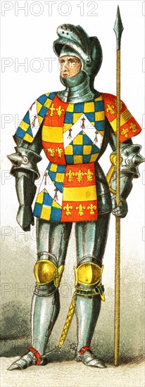 This illustration shows Richard Neville, the Earl of Warwick (1428-1471). He was the chief baronial figure in Wars of the Roses. He fought the Yorkists (Richard III) and was key man in early reign of Edward IV. The illustration dates to 1882.