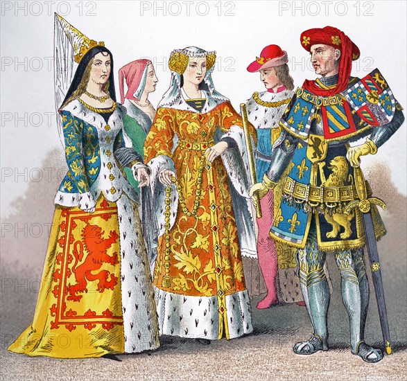 The figures pictured here represent French people around A.D. 1400. They are, from left to right: princess, female citizen, princess, king, Philip the Good (Duke of Burgundy). The illustration dates to 1882.