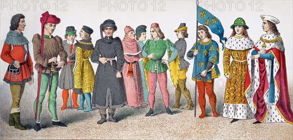 The figures represented here are French people around A.D. 1400. They are, from left to right: citizen, Charles VII, citizen, two men of rank, man of learning, citizen, page, citizen, herald, and two princes. The illustration dates to 1882.