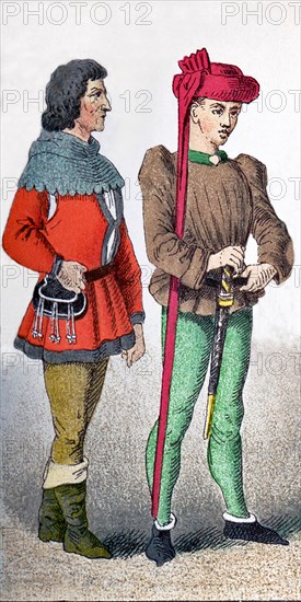 The figures represented here a French citizen and Charles VII around A.D. 1400. Charles VII was known as the Well-Served and the Victorious. It was to Joan of Arc, the Mad of Orleans, that Charles owed the breaking of the siege laid by the English against the city of Orleans in 1429 and also his coronation at Rheims that followed that same year.The illustration dates to 1882.