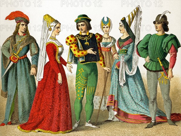 The figures represented here are French people in the 1400s. They are, from left to right: nobleman, noble lady, nobleman, two noble ladies, nobleman. The illustration dates to 1882.