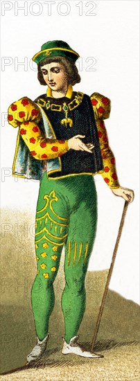 The figure represented here is a French nobleman, with insignia of Order of Golden Fleece, in the 1400s. The illustration dates to 1882.