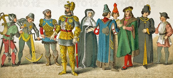 The figures represented here date to the A.D. 1400s. They represent, from left to right: two crossbow men, two knights, widow, four men of rank, a citizen. The illustration dates to 1882.