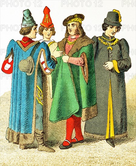 The figures represented here date to the A.D. 1400s. They represent four Frenchmen of rank. The illustration dates to 1882.