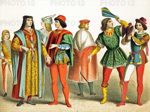 The Italian figures represented date to A.D. 1400. They are, from left to right: Florentine, two men of rank in Milan, two men of rank in Venice, young Italian man, Florentine. The illustration dates to 1882.