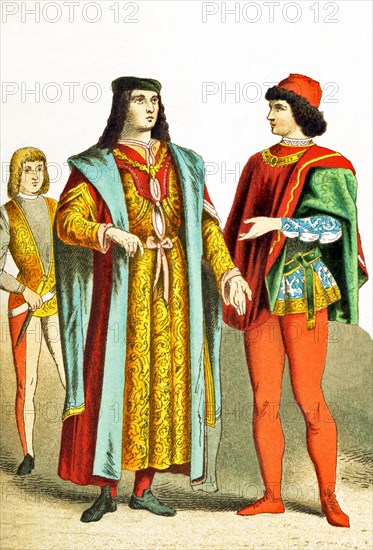 The Italian figures represented date to A.D. 1400. They are, from left to right: a Florentine, a man of rank in Milan, and a man of rank in Venice. The illustration dates to 1882.