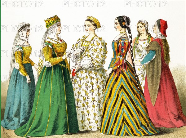 The figures represented in this illustration date to the 1400s. They are, from left to right: noble lady, Queen Catarina Cornaro of Cyprus, noble ladies.