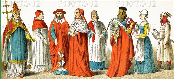 The Italian figures represented date to A.D. 1400. They are, from left to right: Pope Boniface IX, Pope Boniface IX in house dress, two cardinals, canon, Venetian of rank, female citizen, peasant. The illustration dates to 1882. .