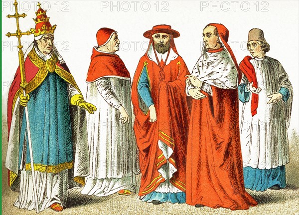 The Italian figures represented date to A.D. 1400. They are, from left to right: Pope Boniface IX, Pope Boniface IX in house dress, two cardinals, canon. The illustration dates to 1882. .