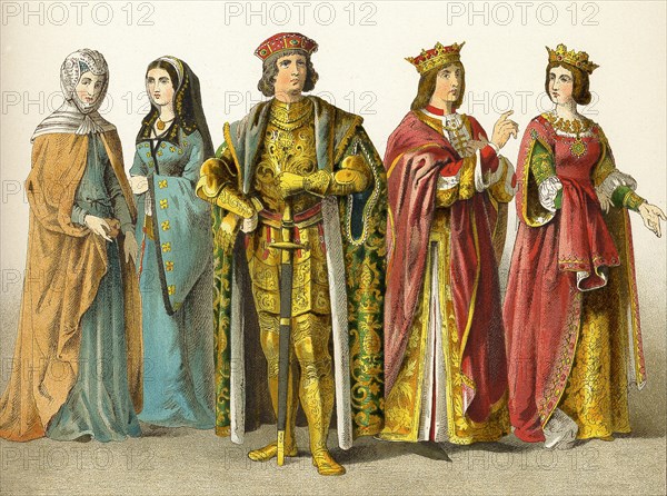 The figures here represent Spanish nobility and royalty in the 1400s. They are, from left to right: two ladies of rank, count, King Ferdinand, and Queen Isabelle. The illustration dates to 1882.