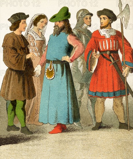 The figures pictured here represent Spanish in the 1400s. They are, from left to right: man of rank, lady of the court, man of rank, knight, soldier. The illustration dates to 1882.