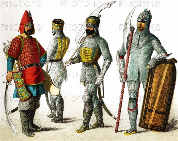 The figures here represent Slavonic warriors in A.D. 1400. They are, from left to right: three Russian warriors and one Bohemian warrior. Bohemia is an historic province in western Czechoslovakia with its capital at Prague. The illustration dates to 1882.