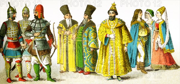 The figures here represent Slavonic people in A.D. 1400. They are, from left to right: three Russian warriors, two Russian nobles, a Russian tsar, three Hungarians of rank. The illustration dates to 1882.