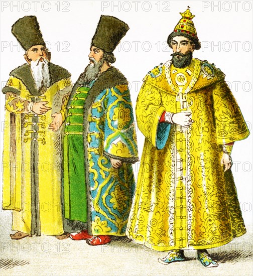 The figures here represent Slavonic people in A.D. 1400. They are, from left to right: two Russian nobles and a Russian tsar. The illustration dates to 1882.