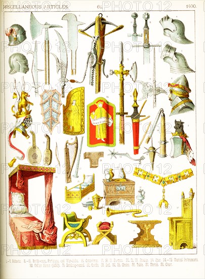 The medieval artifacts shown here are European and date to around 1400. They are: 1-7: helmets; 8-15: battle axes, partisans, war-clubs; 16: crossbow; 17-19: swords; 20-22: shields; 23: spur; 24-29: musical instruments; 30: Golden Fleece (1430); 31: drinking vessel; 32: cradle; 33: bed; 34-35: chairs; 36: table; 37: throne, 38: chest.This illustration dates to 1882.