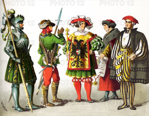 the figures represented here are Germans between 1500 and 1550. They are, from left to right: knight, hunstman, imperial herald, two patricians.This illustration dates to 1882.