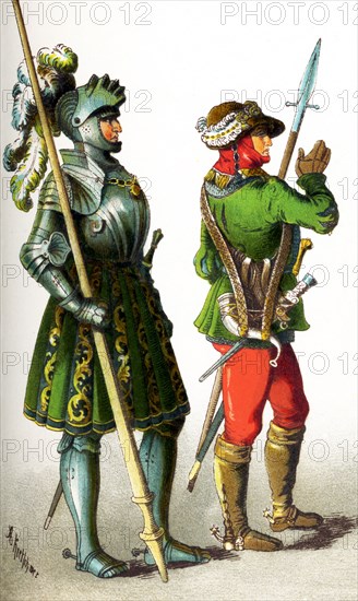 The figures represented here are Germans between 1500 and 1550. They are, from left to right: a knight and a hunstman.This illustration dates to 1882.