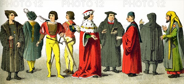 The figures represented here are Germans between 1500 and 1550. They are, from left to right: two patricians, two warriors, an elector, Martin Luther, a man of learning, a mourner, and a Jew. The title ""elector"" was the title given a German prince entitled to take part in the election of the Holy Roman Emperor. The illustration dates to 1882.