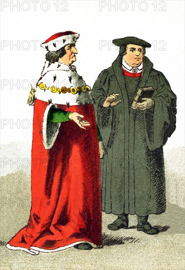 The figures represented here are an elector and Martin Luther. Both are Germans dating to the 1500s. Martin Luther (1483-1746) was leader of the Protestant Reformation. The title ""elector"" was the title given a German prince entitled to take part in the election of the Holy Roman Emperor. The illustration dates to 1882.