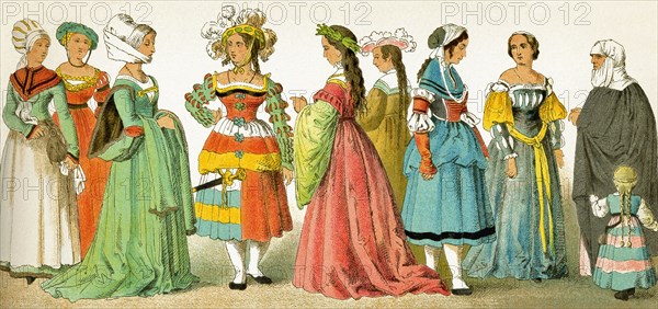 The women represented here are Germans who date to 1500-1550. The illustration dates to 1882.