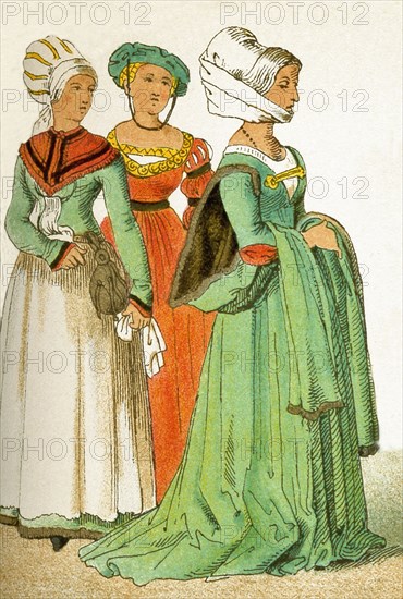 The women represented here are Germans who date to 1500-1550. The illustration dates to 1882.