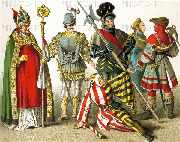 The figures represented here are Germans between 1500 and 1550. They are, from left to right: a bishop, a knight, a fool (seated), Georg Frundsberg (commander in chief to George V), man of rank, huntsman. The illustration dates to 1882.