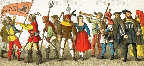 The figures pictured here are Germans between 1500 and 1550. They represent, from left to right: six peasants of the Shoe League, a female peasant, two musicians, citizen, Elector John Frederick, citizen. The illustration dates to 1882.