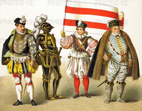 The figures in this illustration represent Germans from 1550 to 1600. They are, from left to right: a nobleman, a knight, an ensign, and the Margrave of Brandenburg Joachim II Hector (the first Protestant Elector of Brandenburg). The Margraviate of Brandenburg was a key area in the Holy Roman Empire from 1157 to 1806. The illustration dates to 1882.