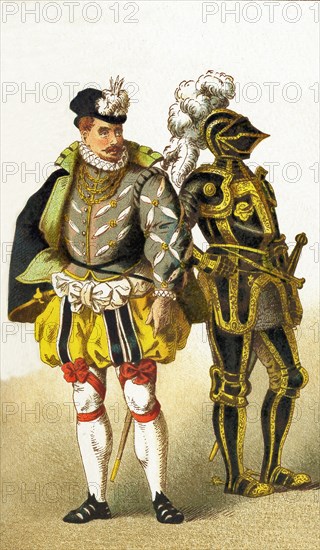 The figures in this illustration represent Germans from 1550 to 1600. They are, from left to right: a nobleman and a knight. The illustration dates to 1882.