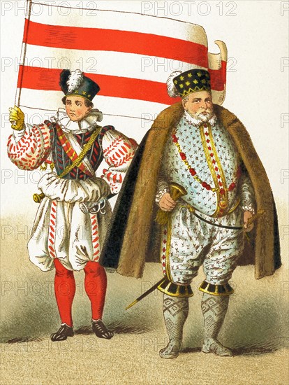 The figures in this illustration represent Germans from 1550 to 1600. They are, from left to right: an ensign and the Margrave of Brandenburg, Joachim II Hector (the first Protestant Elector of Brandenburg). The Margraviate of Brandenburg was a key area in the Holy Roman Empire from 1157 to 1806. The illustration dates to 1882.