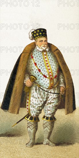 The figure in this illustration represent the German Margrave of Brandenburg, Joachim II Hector (the first Protestant Elector of Brandenburg). The Margraviate of Brandenburg was a key area in the Holy Roman Empire from 1157 to 1806. The illustration dates to 1882.