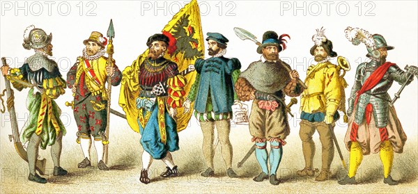 The figures in this illustration show Germans between 1550 and 1600. They are, from left to right: a soldier, an armed citizen, an ensign, a provost marshal, a sapper, a trumpeter, and a captain. The illustration dates to 1882.