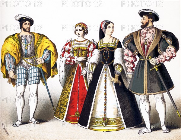 The figures represented here are French royals between 1500 and 15500.They are, from left to right: Top Box: Francis I (died 1547), Eleanor of Austria, Queen Claudia (died 1524); Francis I (1547). Francis I was the first king of France from the Angouleme branch of the House of Valois. He was key to initiating the French Renaissance. Also under his rule, the expansion of first French colonial Empire. He ruled 1515 to his death in 1547. Eleanor of Austria (also called Eleanor of Castile) was from the house of Habsburg. She became Queen consort of Portugal and of France. Claude of France was Queen of France. She was married to Francis I. She was also duchess of Brittany. This illustration dates to 1882.