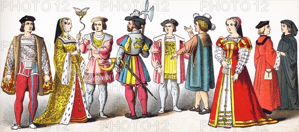 The figures represented here are French people between 1500 and 1550.They are, from left to right: Admiral d'Amboise, Anne of Britanny (died 1514), huntsman, bodyguard, nobleman, citizen, lady of th e court, man of learning, and a judge. This illustration dates to 1882.