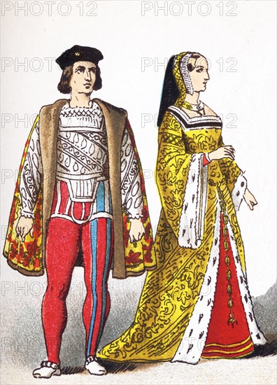 The figures represented here are Admiral d'Amboise and Anne of Britanny (died 1514). The French nobleman Admiral d'Amboise was a French commander in the War of the League of Cambrai. Anne of Brittany was Duchess of Brittany and Queen consort of France. She was married to Maximilian I (Holy Roman Emperor), and then to Charles VIII of France, and then to Louis XII of France. This illustration dates to 1882.