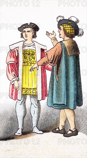 The figures represented here are French people between 1550 and 1600. They are, from left to right, a nobleman and a citizen. This illustration dates to 1882.