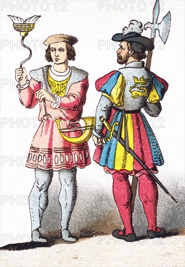 The figures represented here are French people between 1550 and 1600. They are, from left to right, a huntsman and a bodyguard. This illustration dates to 1882. This illustration dates to 1882.