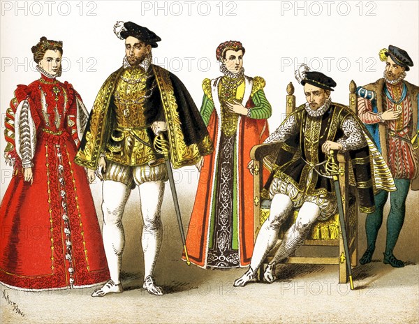 The figures represented here are all French people between 1550 and 1600. They are from left to right: Elizabeth (also Elizabeth of Valois - daughter of Henry II, third wife of Philip II of Spain), Henry II (died 1559); consort of Charles IX; Charles IX and Charles IX (died 1574). This illustration dates to 1882.