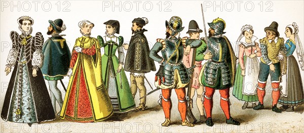 The figures represented here are all French people between 1550 and 1600. They are from left to right: Catherine de Medici (died 1589), a man of rank, two women of rank, a nobleman, a musketeer, a soldier, an officer, three people of the lower classes (a mariner and two women). This illustration dates to 1882.