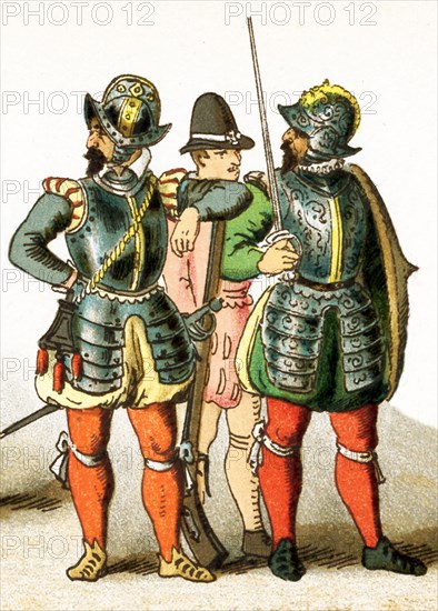 The figures represented here are all French people between 1550 and 1600. They are from left to right: a musketeer, a soldier, an officer. This illustration dates to 1882.